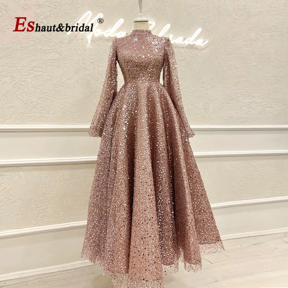 Dubai A-Line Wedding Evening Night Dress for Women Muslim 2023 High Neck Long Sleeves Plus Size Sequin Formal Prom Party Gown