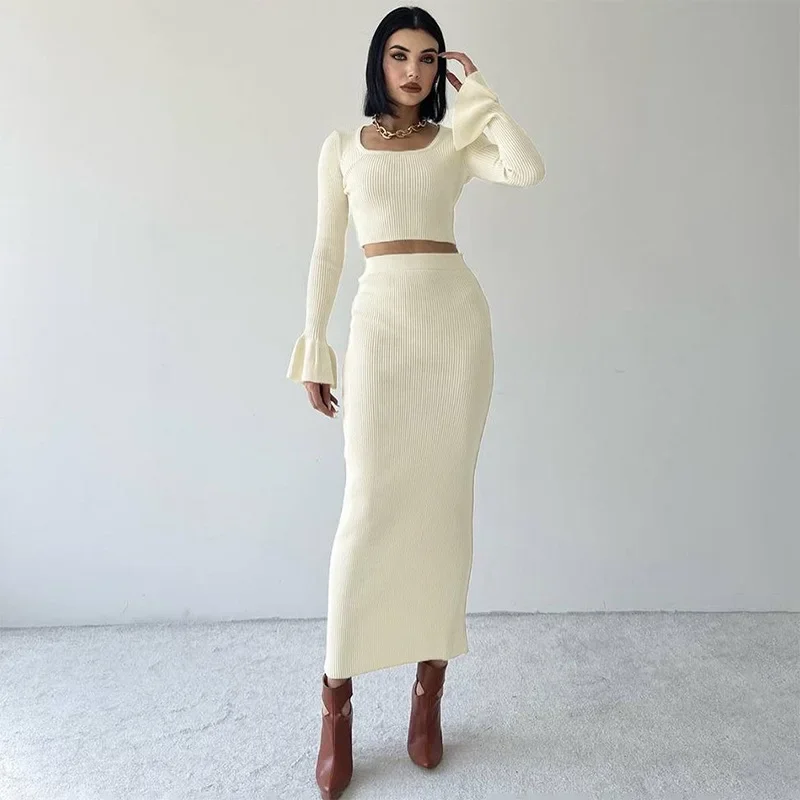 Women\'s Square Collar Flared Sleeves Dress Sets, Top and Skirts, Sexy Club Outfits, Monochromatic, Fashion, 2 Piece Set, 2024