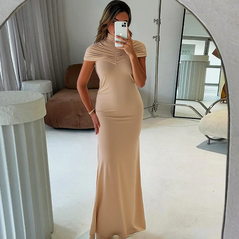 

Ticketsx Fashion Ruched Patchwork Long Dress Woman Turtleneck High Waist Sleeveless Slim Dress Elegant Luxury Club Evening Dress