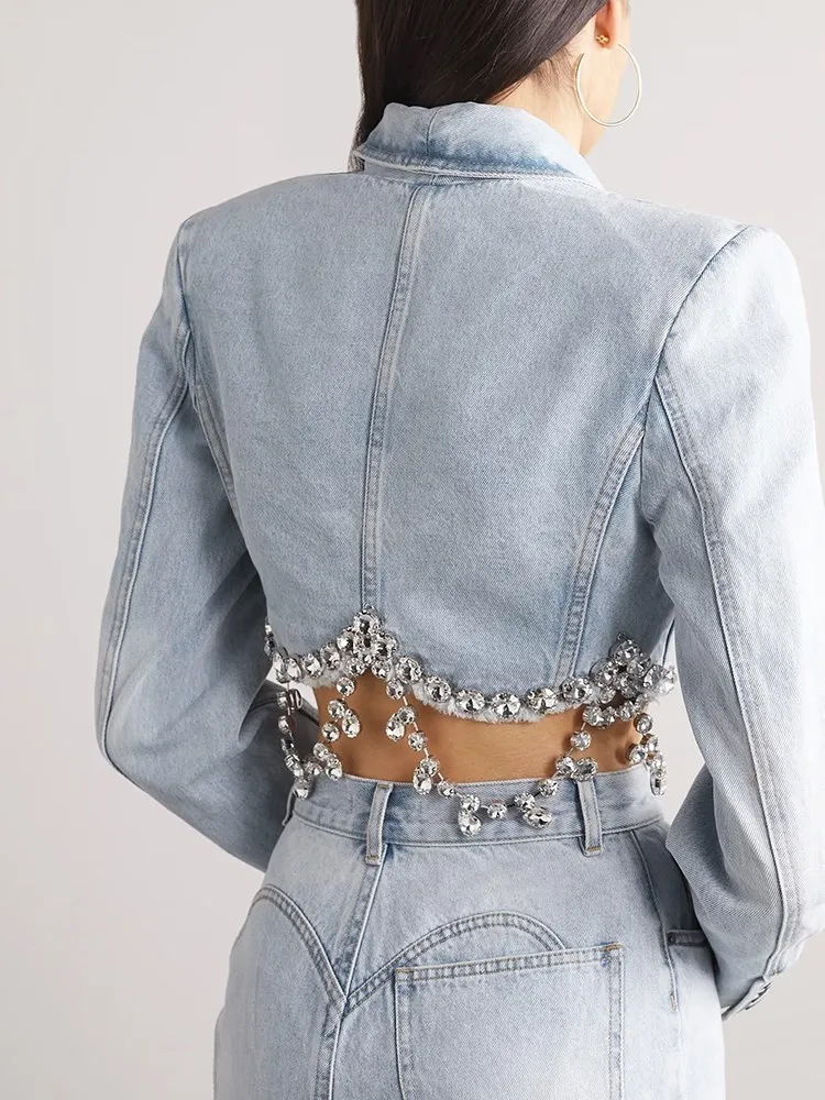 Bpn unregelmäßig gespleißte Diamanten Jeans mantel für Frauen Revers Langarm solide aushöhlen sexy schlanke Jacke weibliche Kleidung Mode