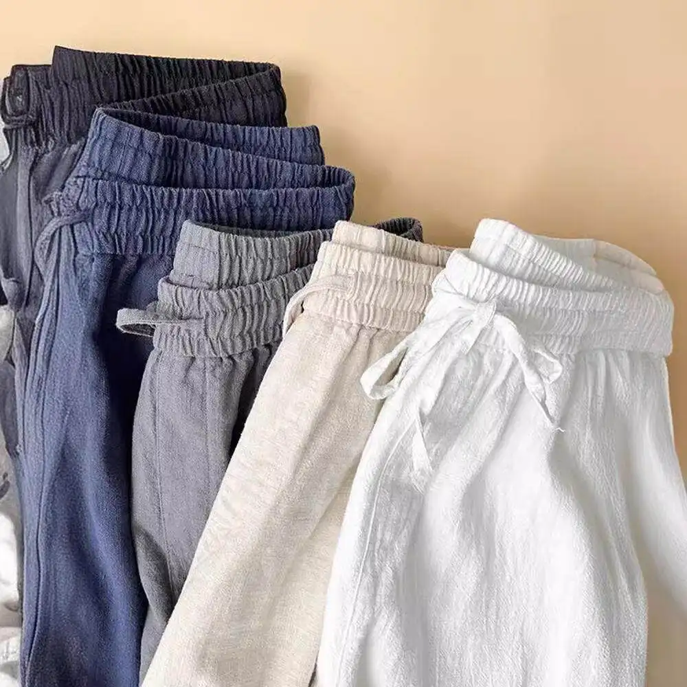 

Мужские летние брюки из хлопка и льна с широкими штанинами, тонкие, свободного кроя, из льняной ткани «айс-силк», укороченные (до щиколотки), модные, брендовые, больших размеров, премиум-класса