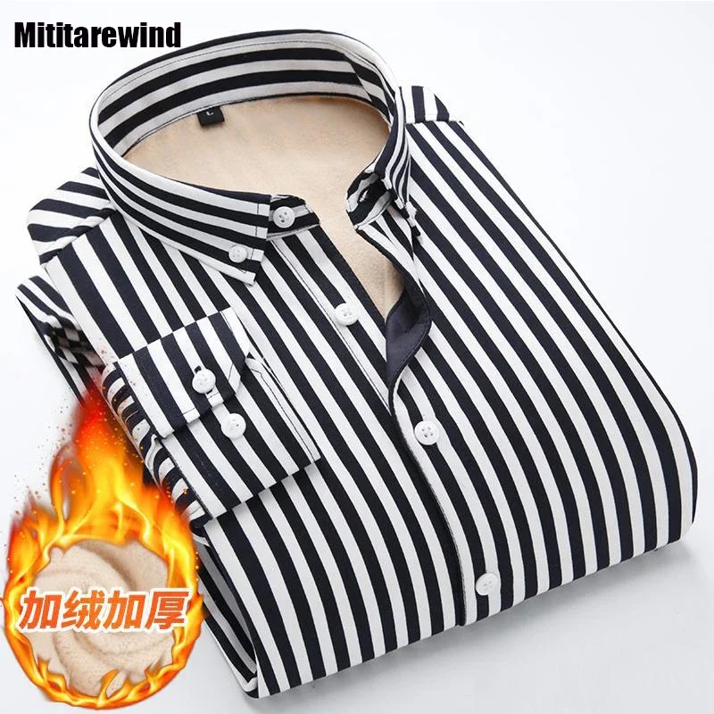 

Mens Winter Shirts 5XL Brand New Striped Long Sleeve Shirt Man Business Thicken Shirts Fleeced Clothing Casual Keep Warm Tops