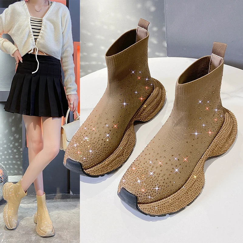 Top Quality Thick Sole Bling Sneakers Sock Booties Elastic Botas Rhinestone Loafers Stretch Boots Shiny Casual Crystal Shoes