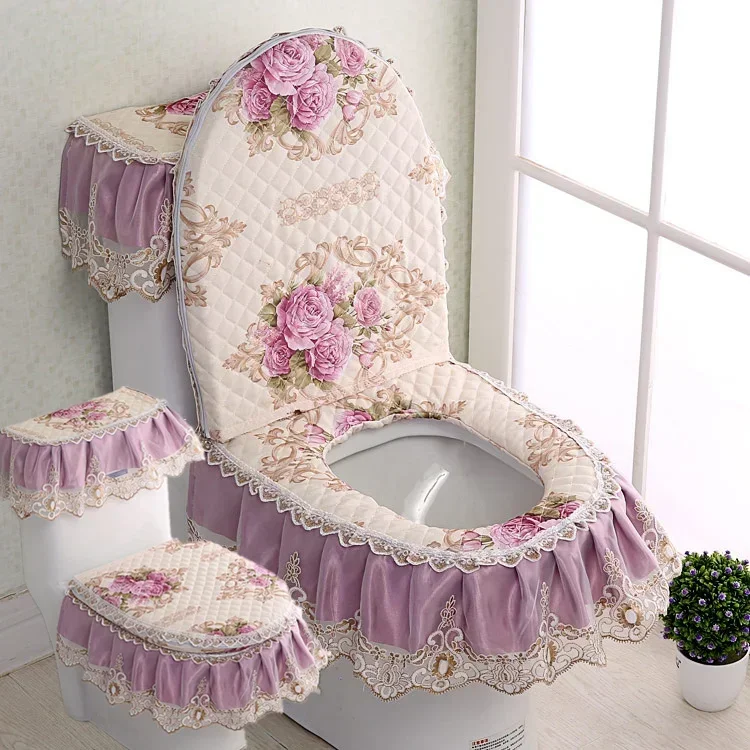 Four Seasons Universal Toilet Cushion Set 3 Piece Set Pastoral Lace U-shaped Thickened Zipper Toilet Cover Seat Ring