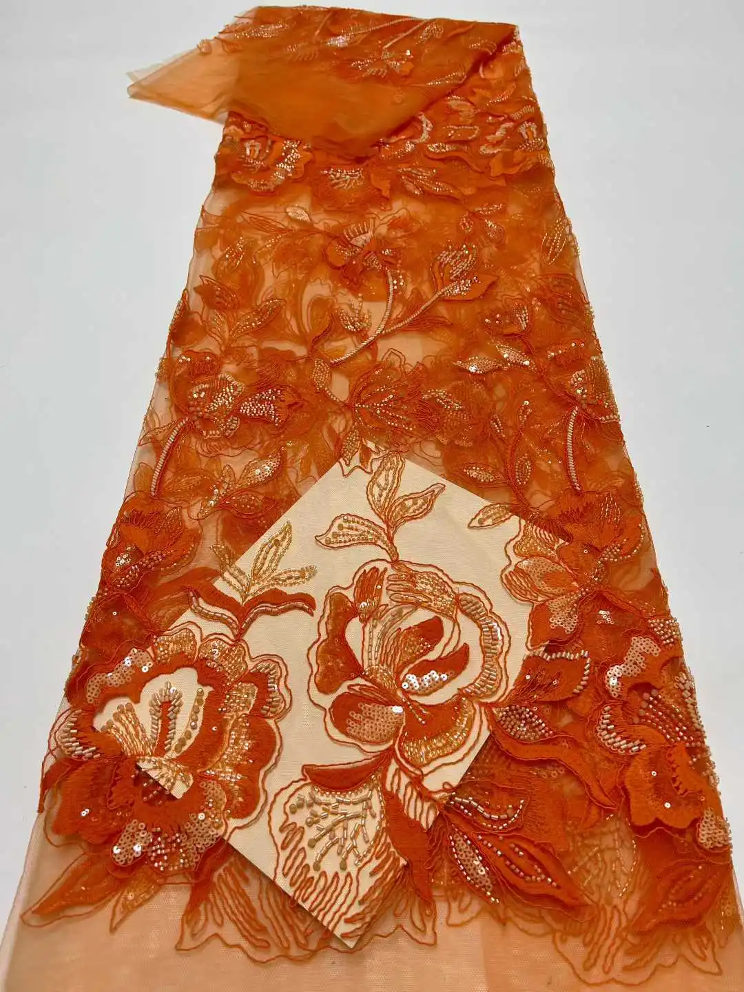 

Orange African Beads lace Fabric 2025 High Quality Sequins Embroidery French Beaded Tulle Laces For Nigerian Wedding Dresses Sew