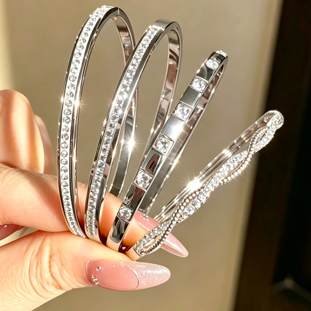 Yupsk 8-teiliges Set aus Edelstahl-Armbändern und -Ringen für Damen, exquisiter, glänzender Schmuck mit Zirkonia-Einlagen, geeignet für den täglichen Gebrauch. – Detail 5