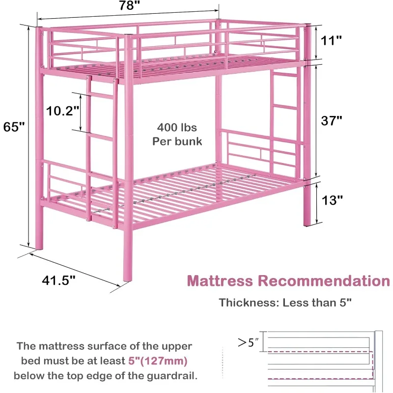 Metal Bunk Bed Twin Over Twin, Industrial Bunkbeds with Ladder and Full-Length Guardrail, Noise Free, No Boxing Spring