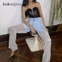 TWOTWINSTYLE Solid Spliced Mesh Jeans For Women High Waist Patchwork Diamonds Designer Chic Straight Denim Pants Female Fashion