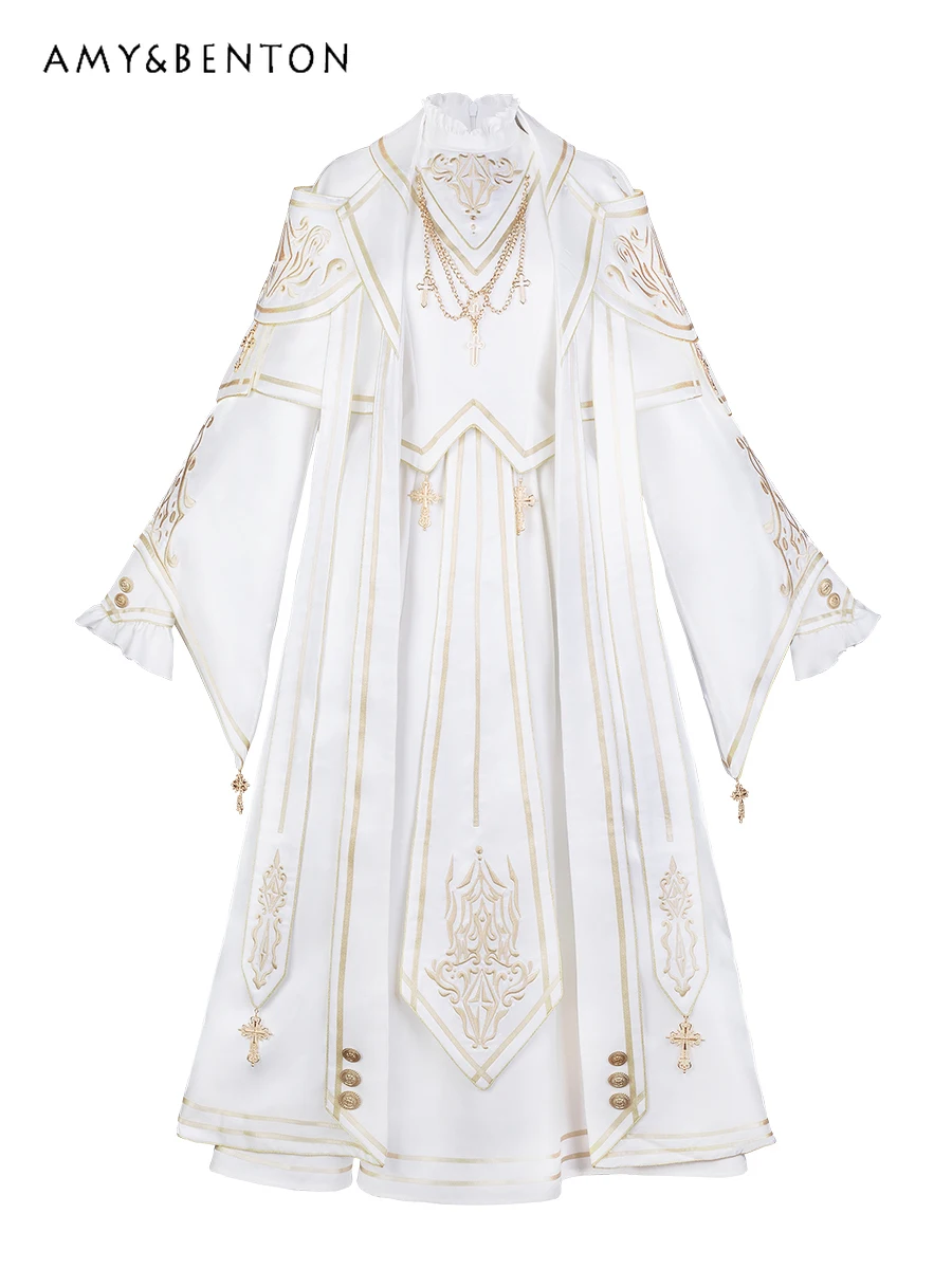 Japanese Harajuku Palace Style Cosplay Set Subculture Gothic Lolita Retro Embroidery Stand Collar Mid-Length Dress Coat Sets