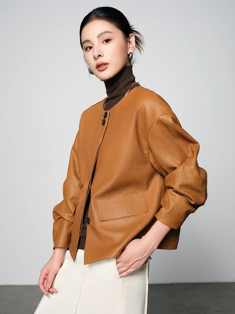 

Classic O-neck Genuine Leather Jackets for Women Spring Autumn 2026 New High-end Simple Short Lychee Texture Real Sheepskin Coat