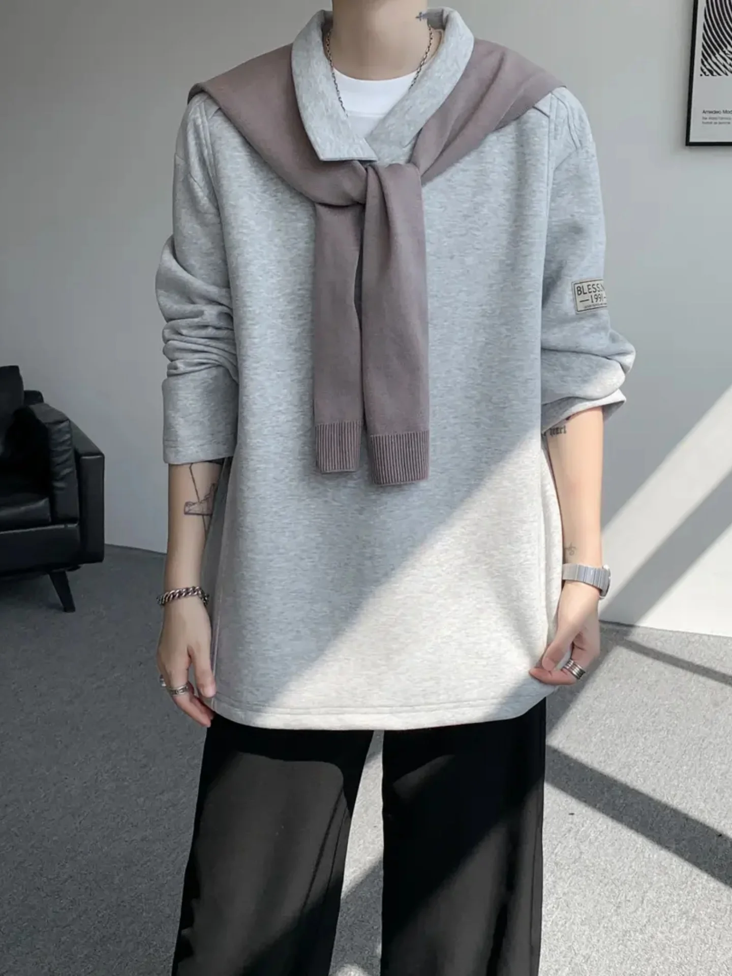 

Мужская толстовка в американском ретро-стиле, осенне-зимняя, плотная, с деконструированным воротником, с длинным рукавом, для верхней части тела