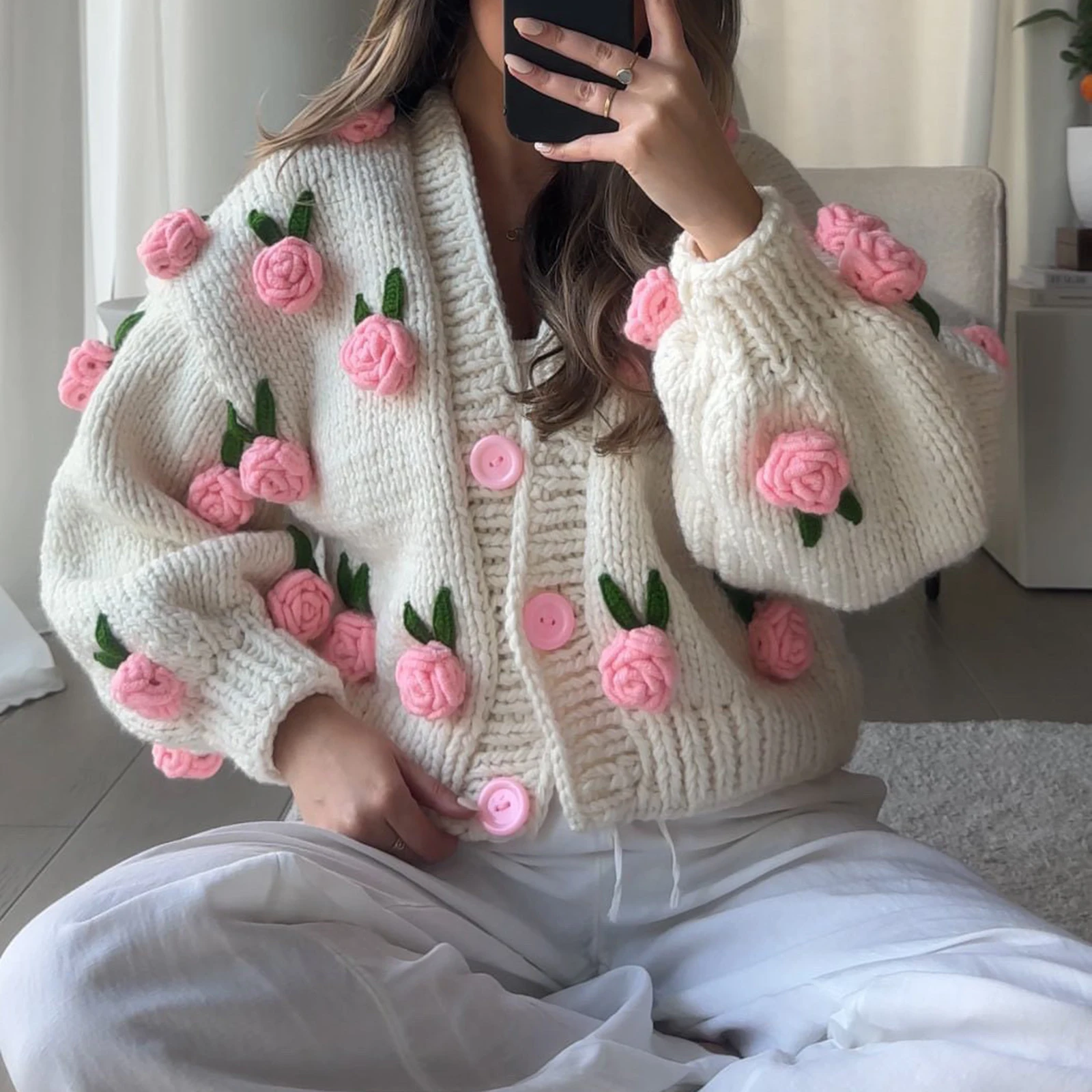 Combhasaki Women\'s Y2K Cute Kawaii Knit Crop Cardigans Long Sleeve 3D Flowers Decor Button Closure Loose Casual Jacket Sweaters