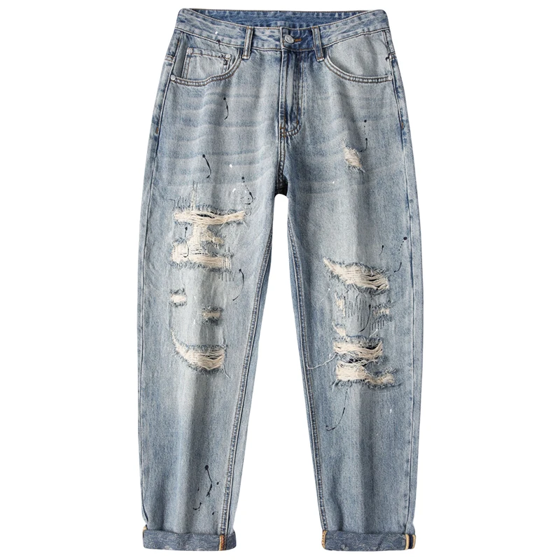 

5K1070 High-grade new broken holes flung ink trend design loose tapered straight broken patch jeans men