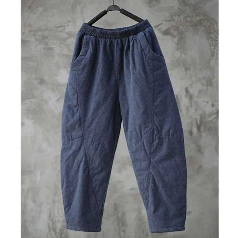 文学的な綿麻素材の秋冬用ハーレムパンツ、女性用厚手の綿ズボン、伸縮性ウエスト、暖かい足首丈パンツ