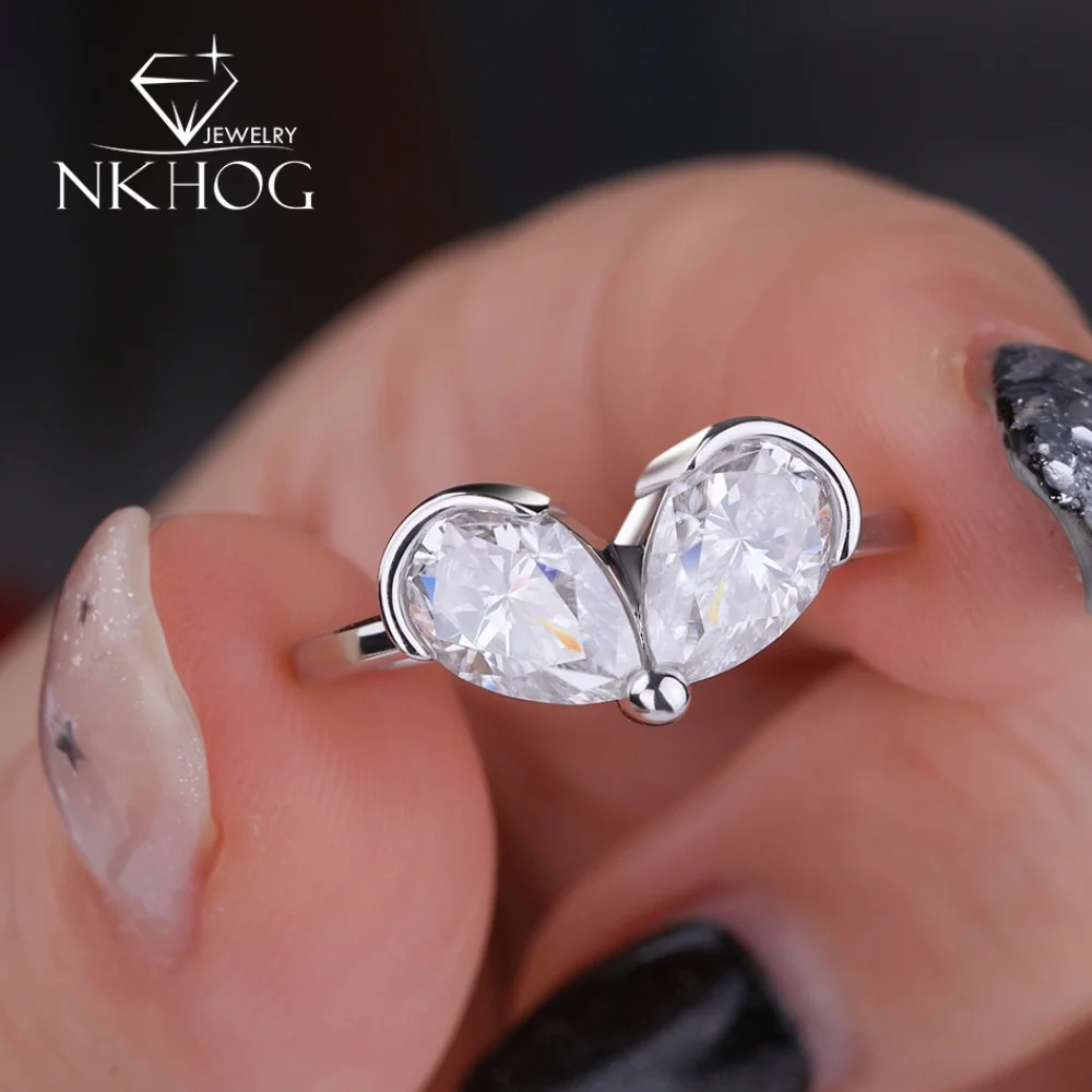 

NKHOG 3CTTW Waterdrop Moissanite Rings For Women 100% S925 Silver 2 Stones Design Lab Diamond Wedding Party Band Fine Jewelry