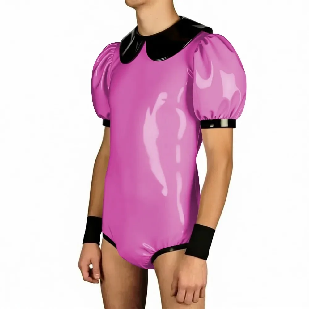 

Men Glossy PVC Slim fit Bodysuit Cute Peter pan collar Leotard Puff Sleeve Patchwork Romper Sissy Nightclub Party Cosplay Outfit