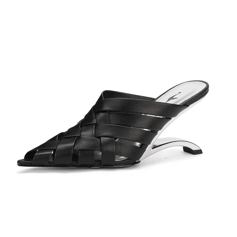 Women's Summer Shoes Sheepskin Sandals Genuine Leather Silver Slipper High Heel Pointed Toe Pumps Elegant Wedding Party Pumps