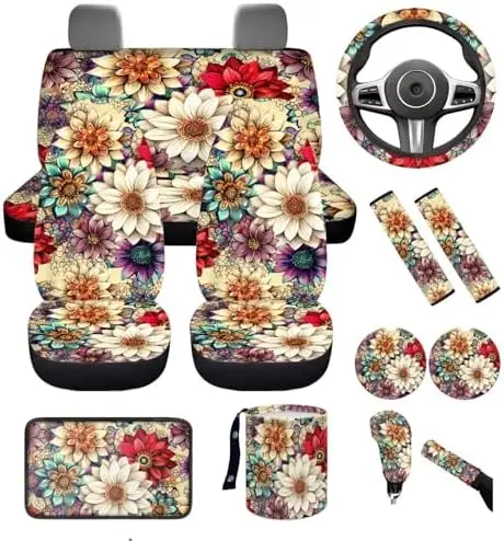 

13-Piece Blossom Lotus Car Seat Cover Set - Boho Floral Auto Accessories for SUVs & Trucks