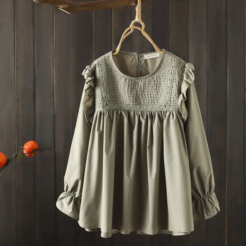 New 2026 Spring Cotton Long Sleeve Shirt, Women O Neck Ruffles Folds, Mori Girl Age Reduction Sweet Loose Dool Blouse T5D520CC
