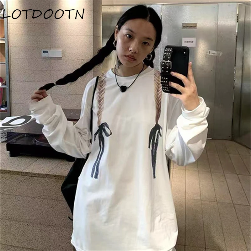 

LOTDOOTN корейские футболки с длинными рукавами из 100% хлопка с графическим принтом в стиле Харадзюку, осенние топы, корейские свободные забавные футболки для женщин Y2k