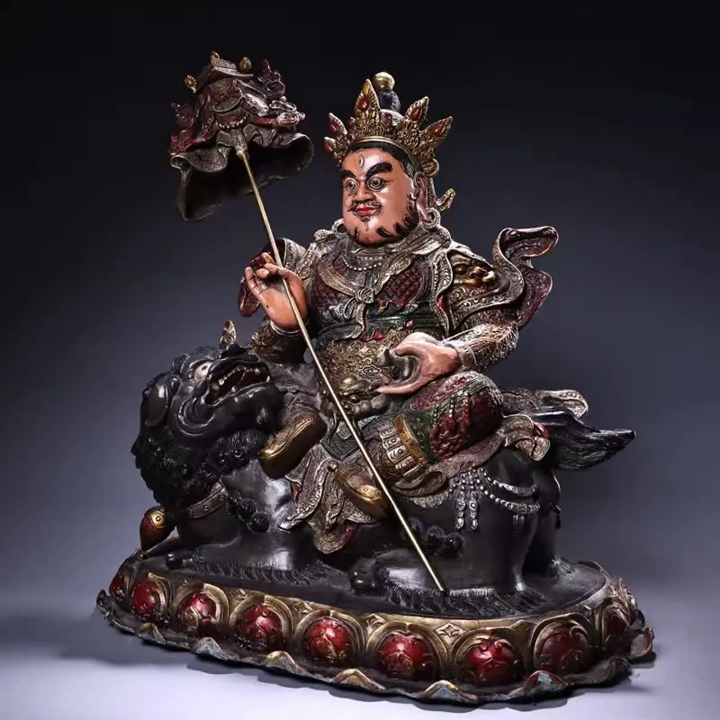 Antique Collection Pure Copper Painted Tibetan Beast Treasure Tianwang Bronze Statue Home Living Room Buddhist Hall Decoration C