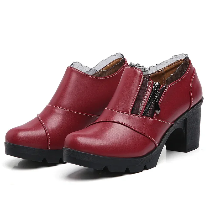 Women Genuine Leather Shoes Woman High Heel Square Heel Shoes Black Women's Pumps Female Shoes High Heels Classics Casual image 2