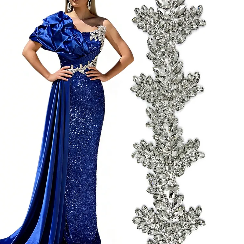 Hotfix Rhinestones Rhinestone Flower Appliqués Suitable for Wedding Dresses Evening Gowns and DIY Clothing Decorations 1 Yard