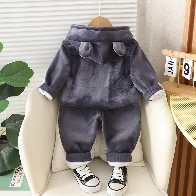 New Baby Boys Clothes Set Autumn Winter Thick Velvet Cartoon Bear Hooded Coat Sweater Pants 3Pc for 1-4 Years Kids Sprot Outfits