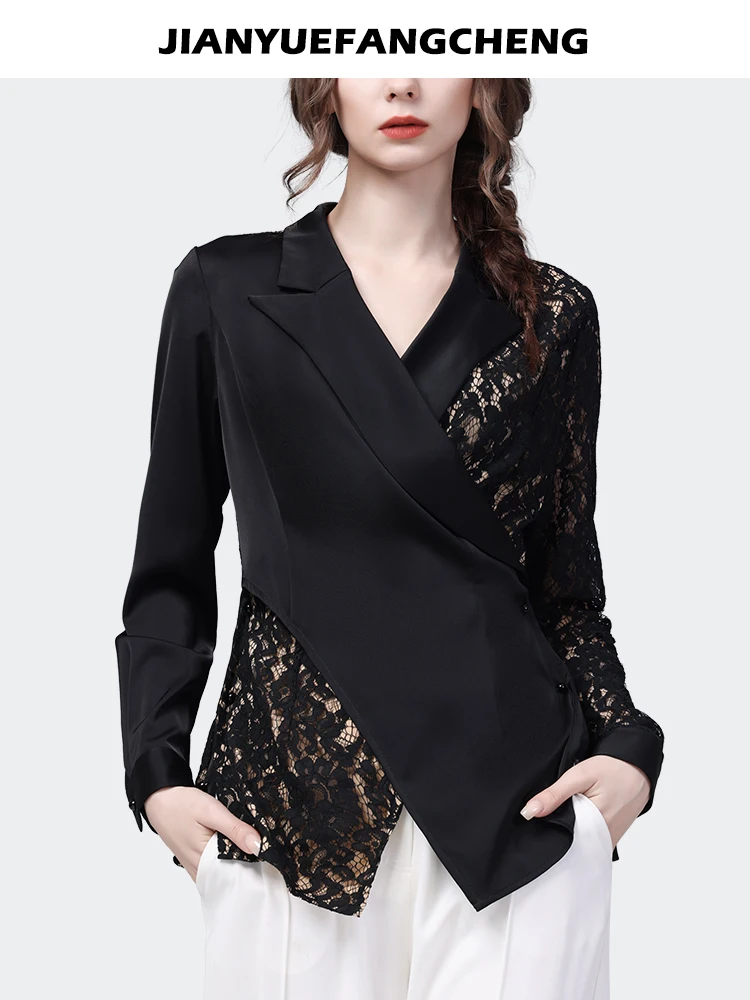 Fashion Spliced Design Women\' Long Sleeve Suit Collar Black Lace Satin Top 2023 Spring Summer New Elegant Slim Casual Shirts