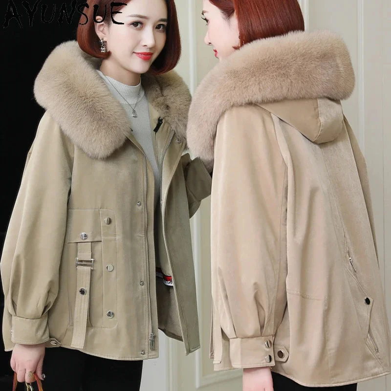 

Women's AYUNSUE Fur Parkas New Autumn Winter Jackets for Women 2024 Rabbit Liner Coat Hooded Fox Collar Parker