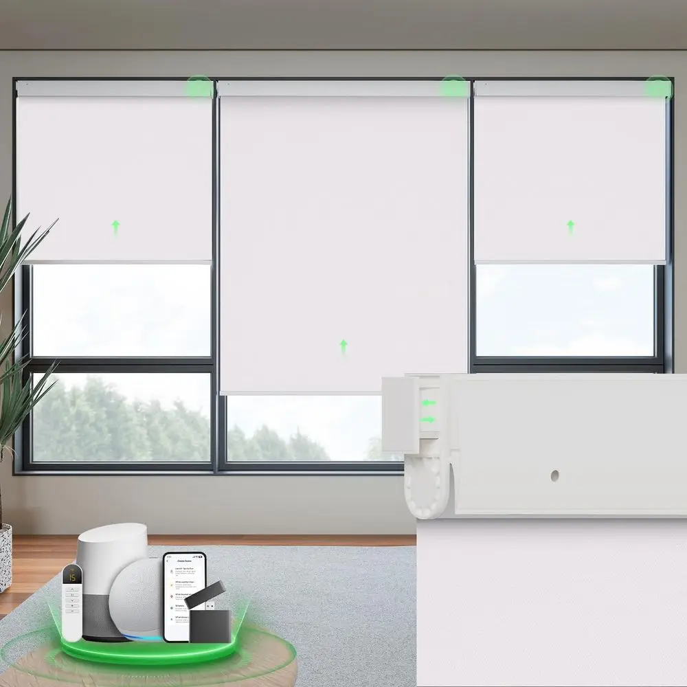 

Моторизованные жалюзи с пультом ДУ, светонепроницаемые, без сверления, умные рулонные шторы, автоматические жалюзи или шторы для окон, белые, 46 дюймов (Ш) x 72 дюйма (В)