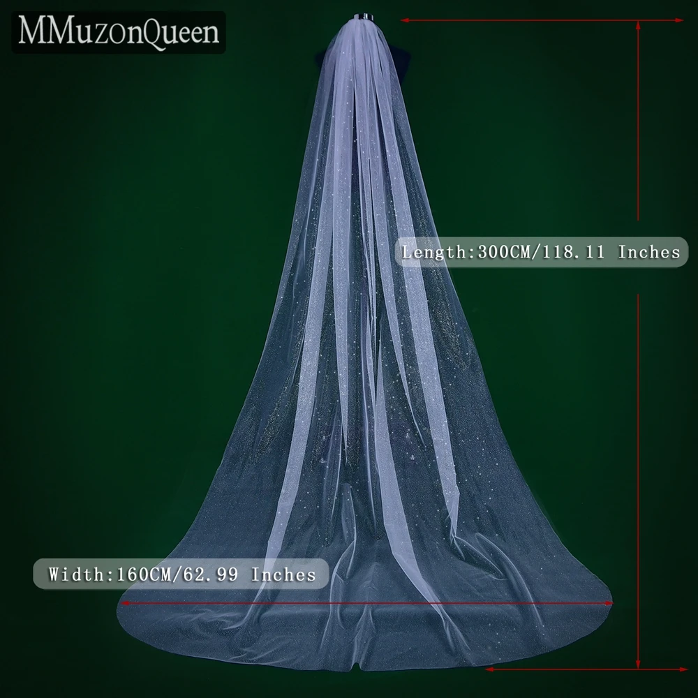 MMQ M94 Sparkling Long Wedding Veil 2 Tier Luxury Moonshine Royal Cathedral Bridal Veils Elegant Woman Wedding Accessories