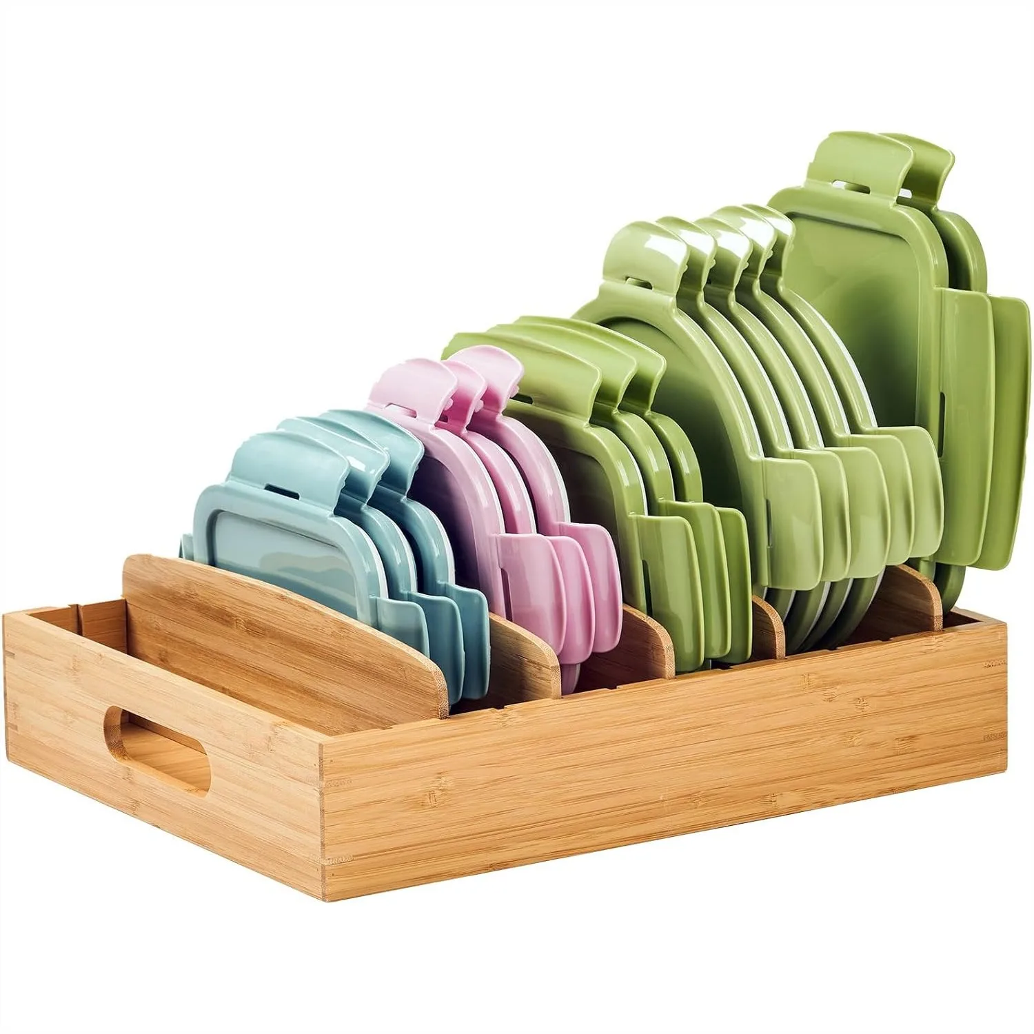

Bamboo Kitchen Cabinet Organizer for Food Container Lids, Adjustable Dividers, Drawer Caddy Box for Storage and Organization