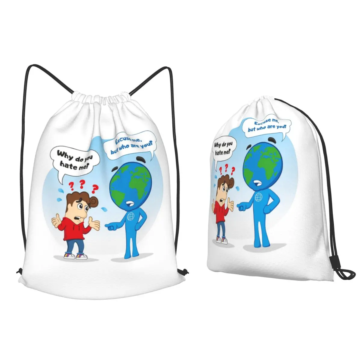 Sac à dos décontracté avec cordon de serrage, sac à livres, sac à accessoires, sac à dos pour homme et femme, représentant un dialogue entre une personne et la planète Terre
