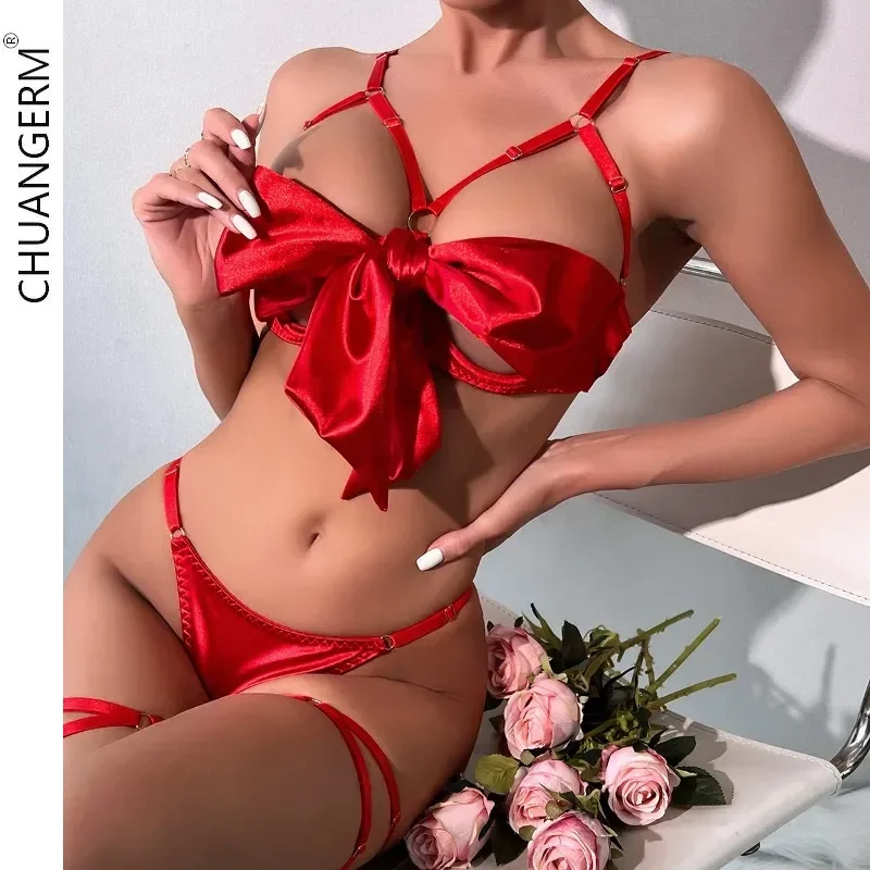 CHUANGERM Sexy Bowknot Lingerie Open Bra Lace Up Sexy Underwear 3-Piece Satin Erotic Outfit Girl Sexy Lingerie Set Woman Push Up
