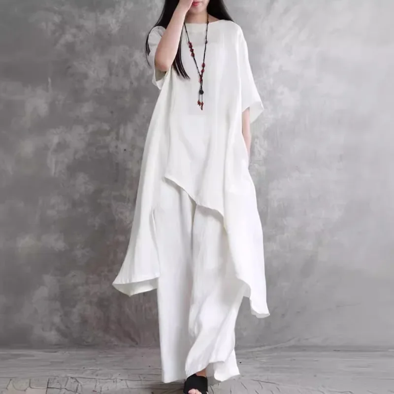 

Large size personality irregular cotton and linen suit women's long thin white shirt versatile wide-leg pants spring and summer