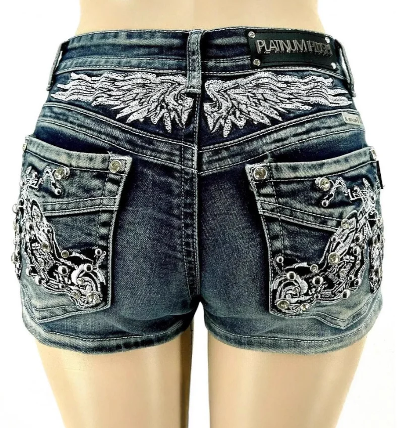 

Women Rider Motorcycle Wing Rivet Embroidery Shorts Y2k Gothic Hot Girl Sexy Washed Denim Shorts Low Waist Mini Skirts w50