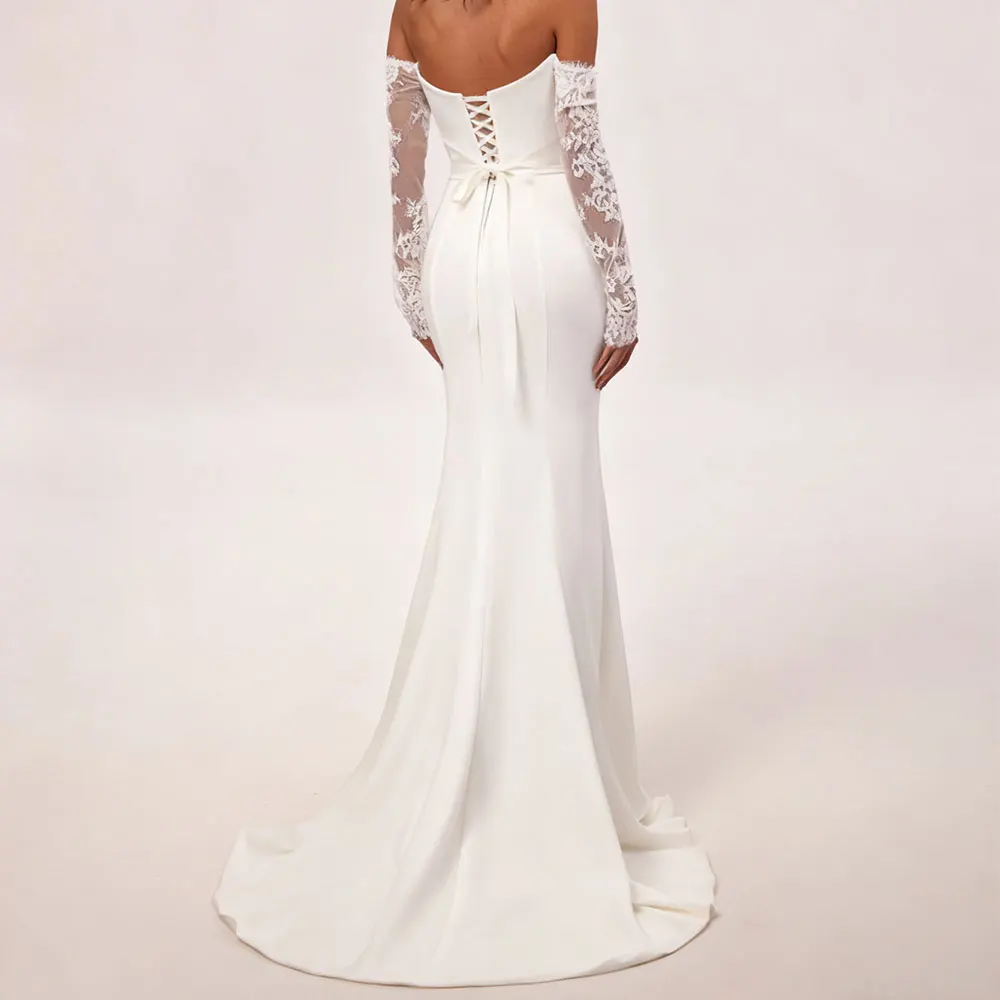 Eleganckie satynowe suknie ślubne typu syrena z koronką dla panny młodej, z długim rękawem, Vestidos Novia, plażowe suknie ślubne z dekoltem w serduszko i trenem.