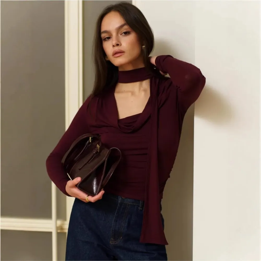 

Streamer V-neck Scarf Long-sleeved Bottoming Shirt Spring Summer Women's New Top Short Pleated Solid Color T-shirt Ropa Mujer