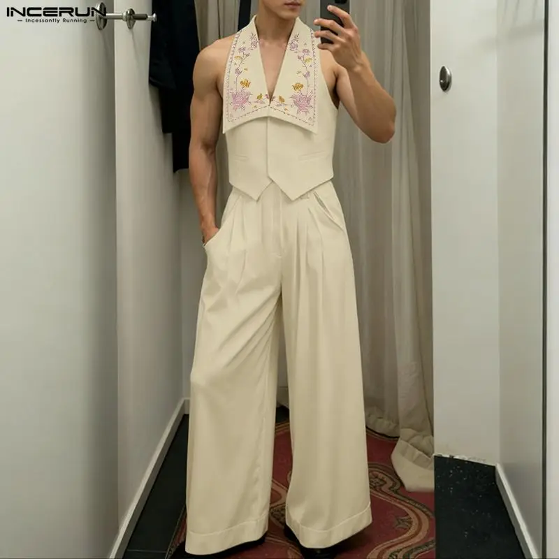 INCERUN Men Sets Flower Embroidery Lapel Sleeveless Crop Vests & Pants Two Pieces Sets Streetwear Fashion Men Casual Suits S-5XL