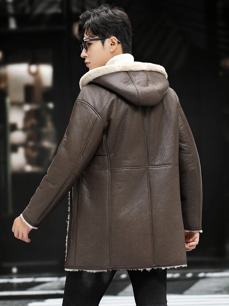 Original Ecology Fur Coat Men's Long Genuine Leather Clothes Autumn and Winter New Hooded Leather Jacket Brown Shearling Coat