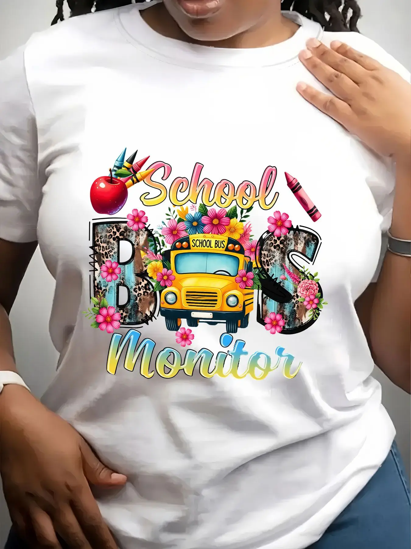 Women's Trendy Crew Neck T-Shirt School Bus Monitor Floral Design Suitable for Casual Sportswear