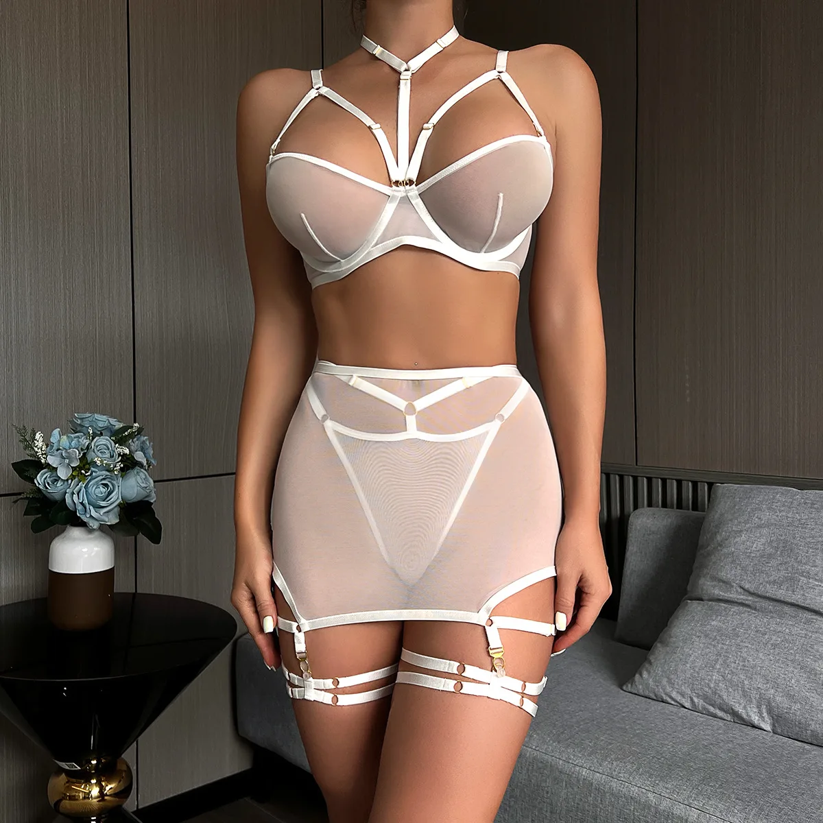 ECTOOKO Sexy Underwear Three-Piece Set with Steel Mesh Stitching Lingerie