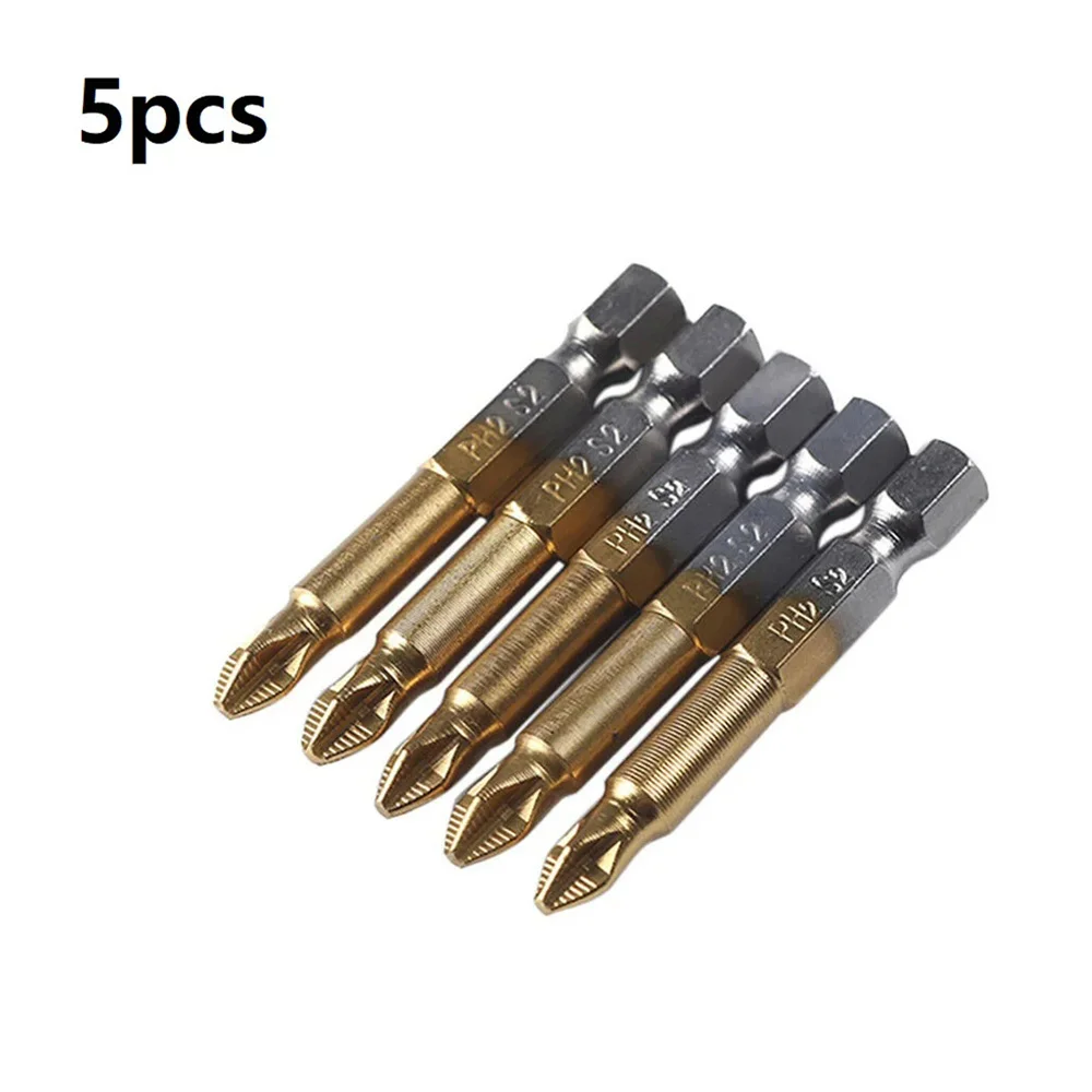 

5Pcs 1/4 inch PH2 Screwdriver Bit Titanium-coated Non-slip Cross Drill Bit Hex Shank 50mm Electric Impact Driver Power Tool Set