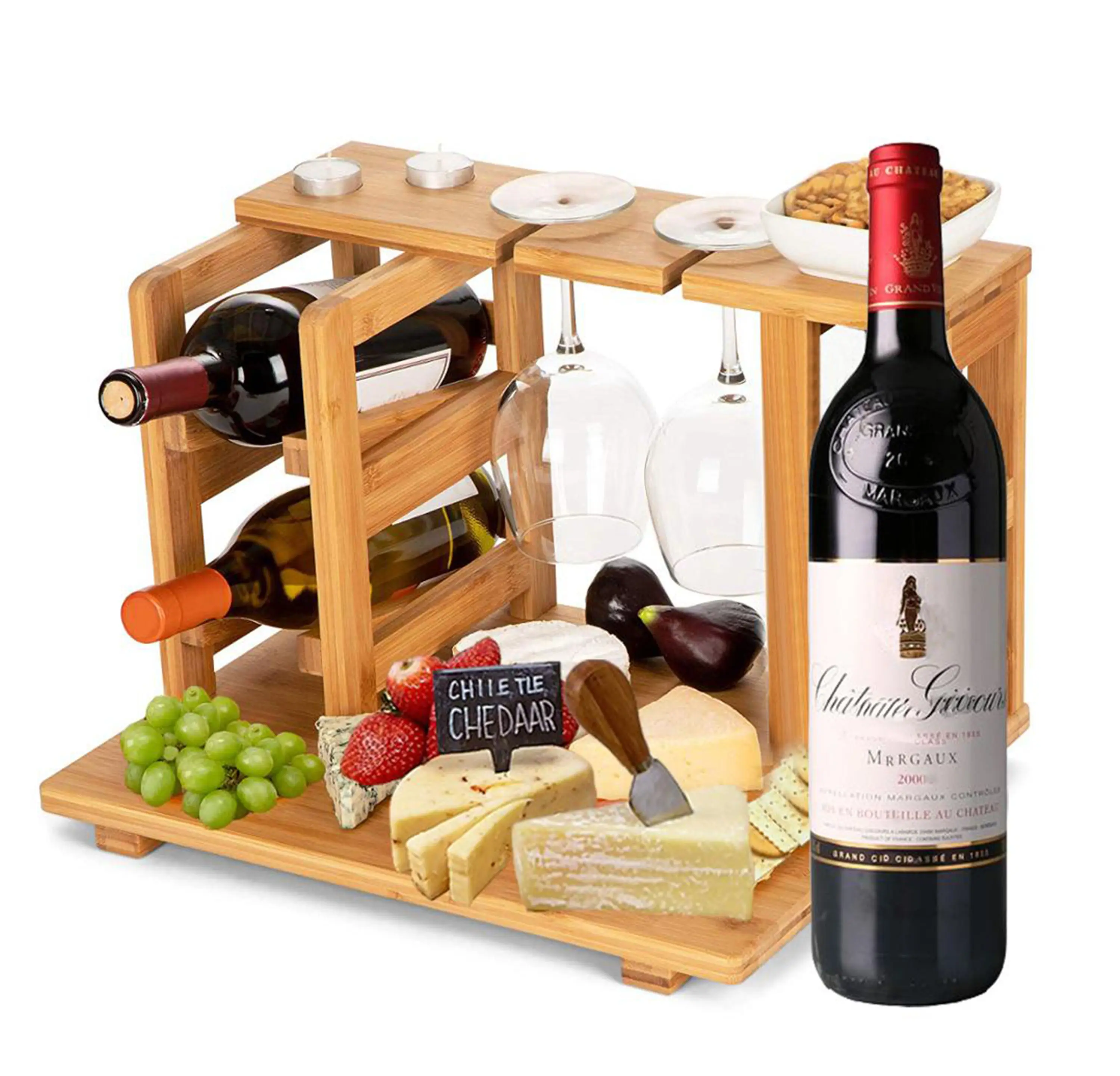 

Bamboo Wine Storage and Display Rack,Multifunctional Wooden Food Storage Shelf,Countertop Wine Bottle Holder and Glass Hanger