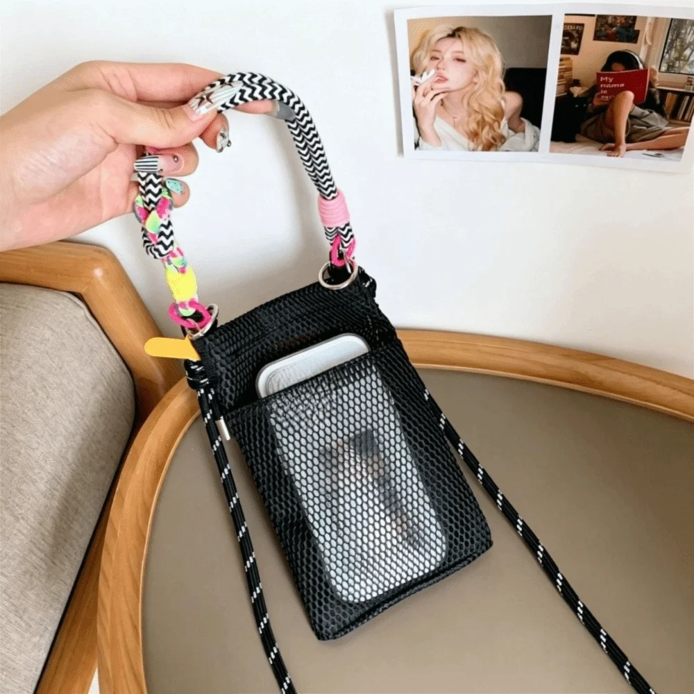 Adjustable Lanyard Mesh Phone Bag Braided Strap Portable Design Phone Crossbody Bag Mini Purse Cute Style Mobile Phone Pouch view 4