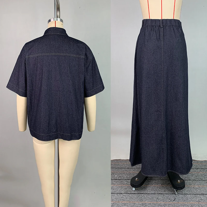Gymystar 2 pièces ensemble pour femme Imitation Denim chemises et jupes mode d'été hauts à revers ample sans ceinture jupe à glissière tenue femme