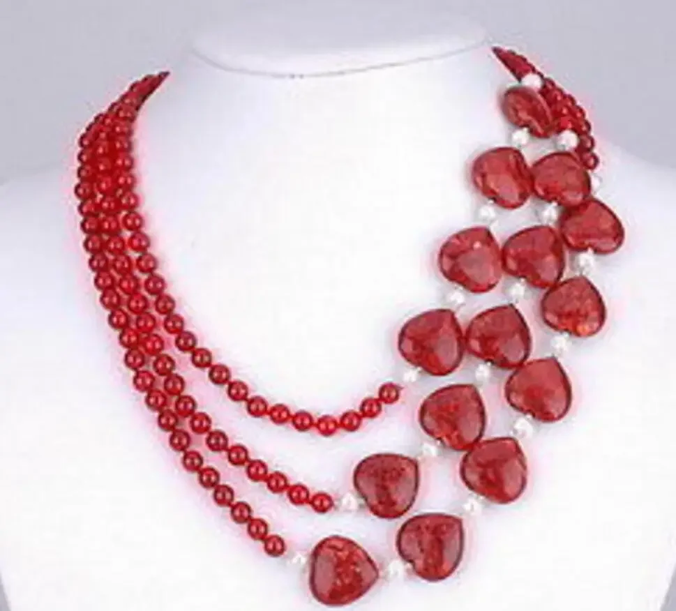 3 Rows Stunningr Red heart-shaped jade white pearl Necklace