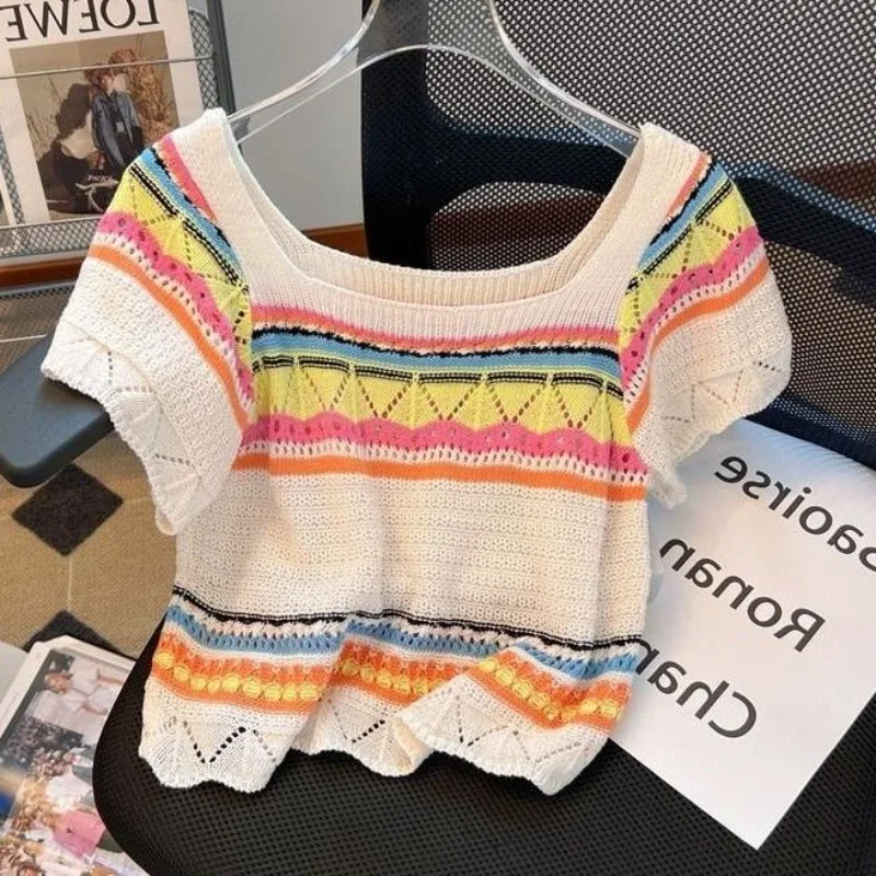 ผู้หญิงฤดูร้อน Chic Stripe สั้นเสื้อ T ชุดเดรสแขนกุด 1 หรือ 2 ชิ้นชุด 2025 Lady แฟชั่นบางถักเสื้อชุดชุด