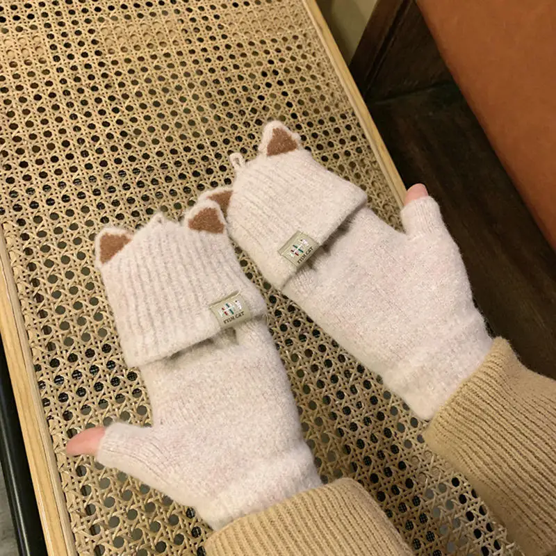 ผู้หญิงฤดูหนาวถักถุงมือหนาหญิง Mittens น่ารัก Flip Fingerless สัมผัสนิ้วสาวถุงมือสําหรับขี่จักรยานมืออุ่น